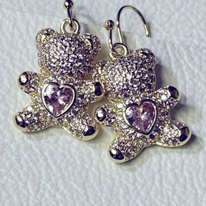 Gold Teddy Bear heart Drop Earrings